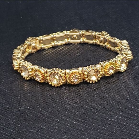 Golden Metal and Rhinestone Stretch Bracelet - Picture 1 of 7